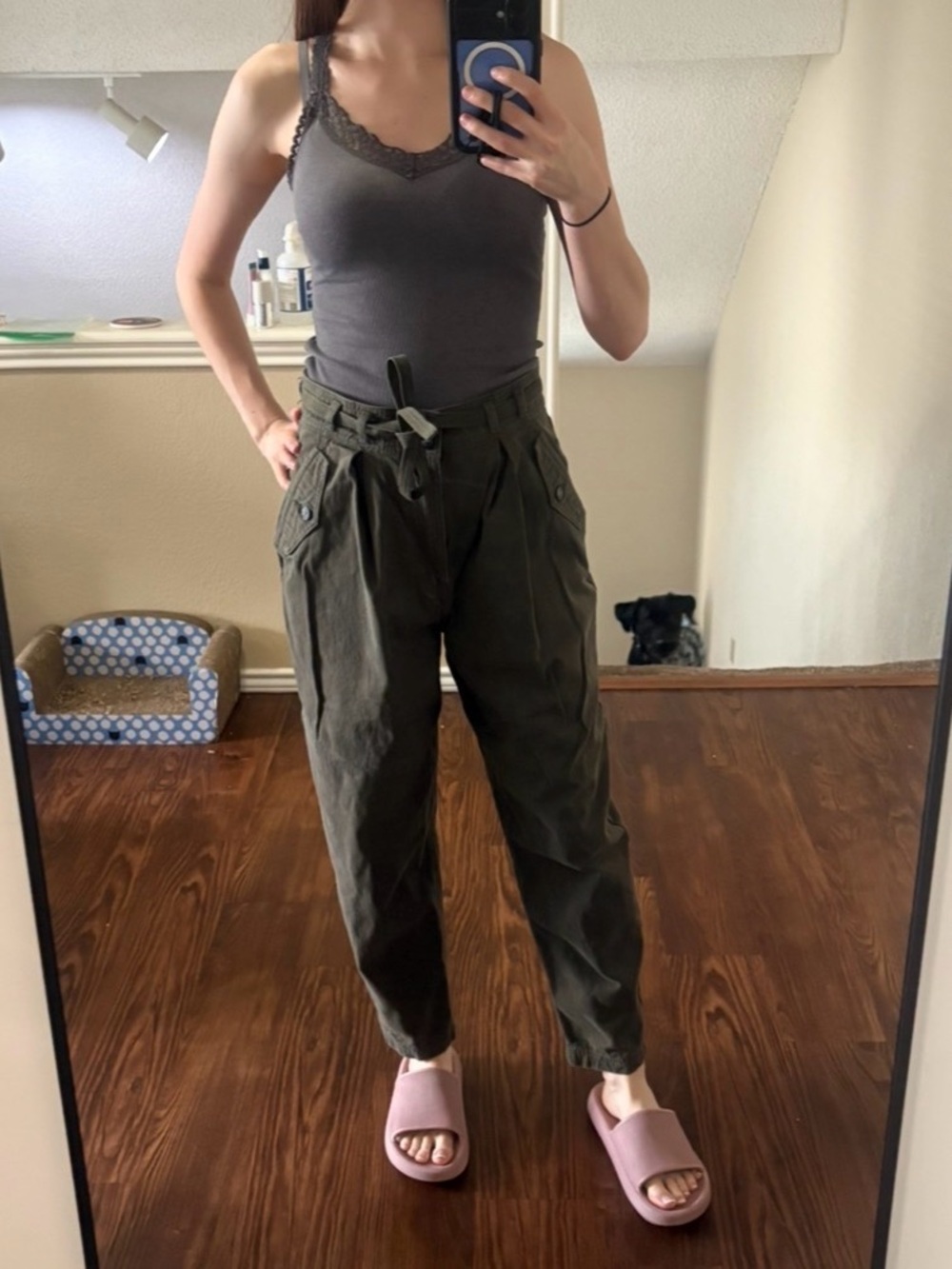 Blank NYC Olive Green Paperbag Waist Cargo Trousers